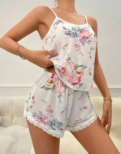 Imagen 2 del producto Nueva moda 2023, conjunto informal de dos piezas de verano para mujer, conjunto Sexy con estampado Floral y encaje, conjunto de camisola para dormir, ropa femenina
