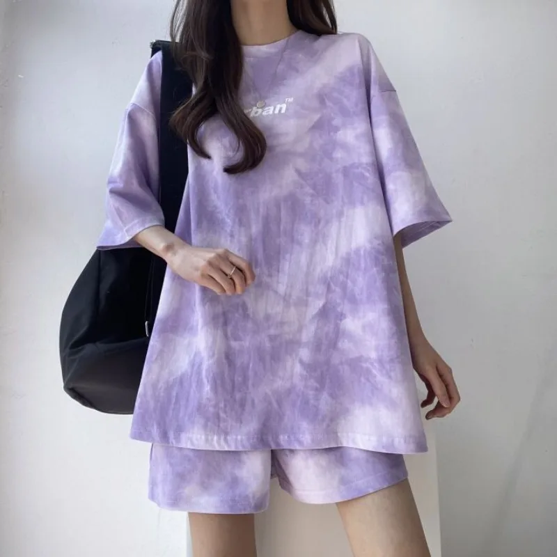 2026 Women T-Shirt Shorts Suit Set Casual Tie Dye Loose Tshirt Wide Leg Middle Shorts With Pockets Female Soft Summer Shorts Set view 6