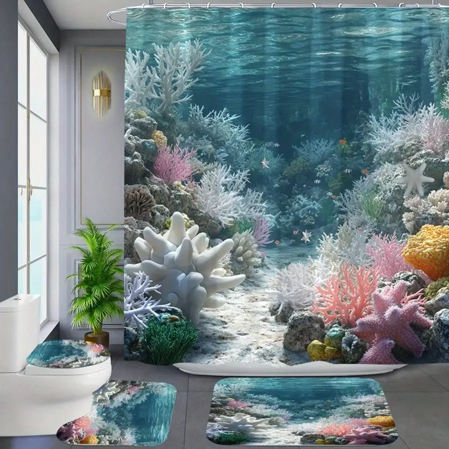 

4 pc/set of underwater coral reef landscape shower curtain suit, waterproof polyester shower curtain, non-slip bath mat