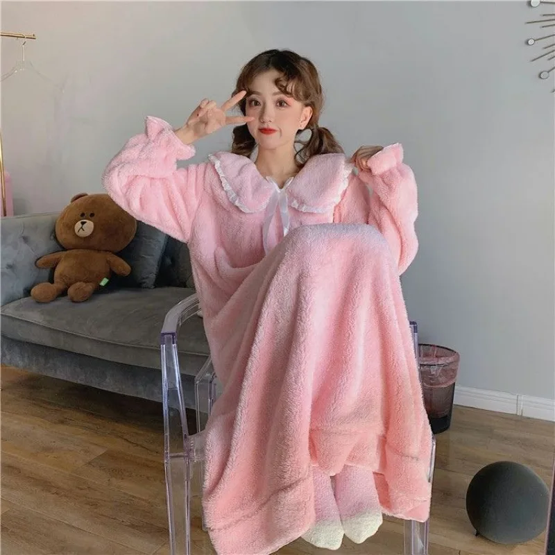 Thickened Warm Coral Velvet Nightgown Female Autumn and Winter One-Piece Pajamas Student Homewear Solid Sleepwear Loungewear