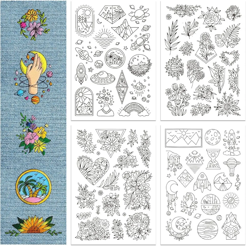 4 Sheets Flowers Pattern Water Soluble Hand Sewing Stabilizers Celestial Stick and Stitch Embroidery Designs Paper for Fabric