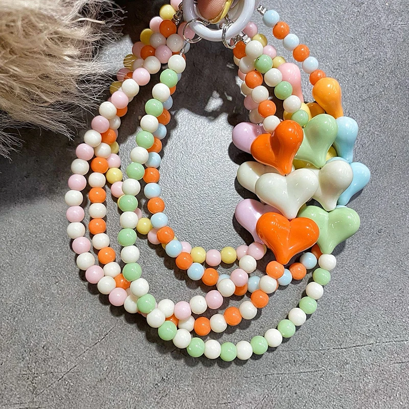 New New Candy Colored Cartoon Love Heart Phone Chain Mobile Phone Lanyard Keychain Beaded Pendant Lanyard Anti-Lost Wrist Strap