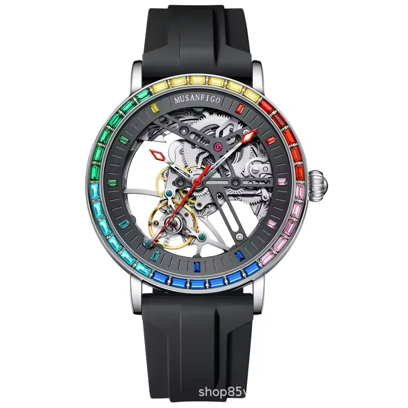 MUSANFIGO Rainbow Colored New hollowed out fully automatic mechanical watch color diamond stainless steel luminous waterproof