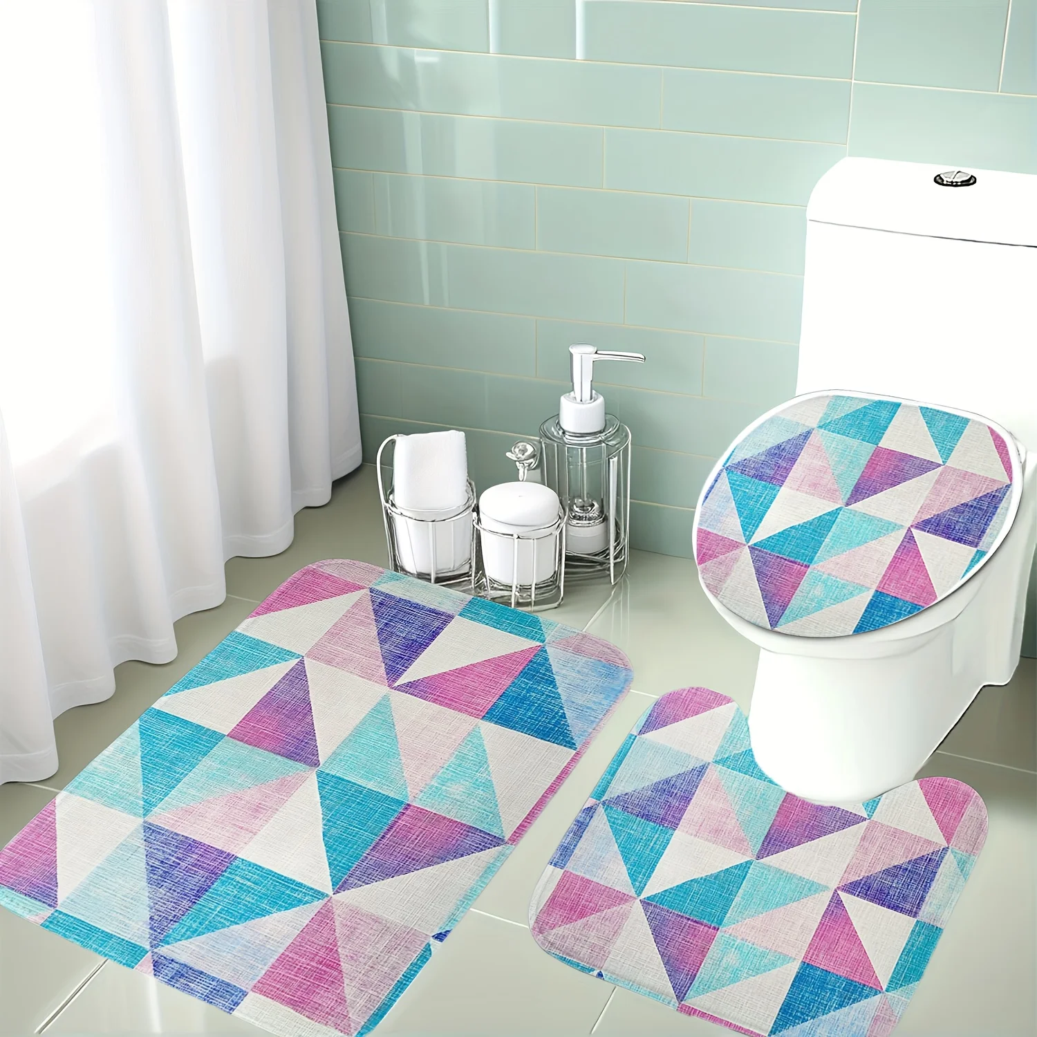 

3 шт. пастельно-синий, розовый, бирюзовый, бирюзовый, розовый, белый, набор для ванной комнаты — нескользящий, мягкий, с крышкой унитаза и U-образным ковриком, Machine Washa