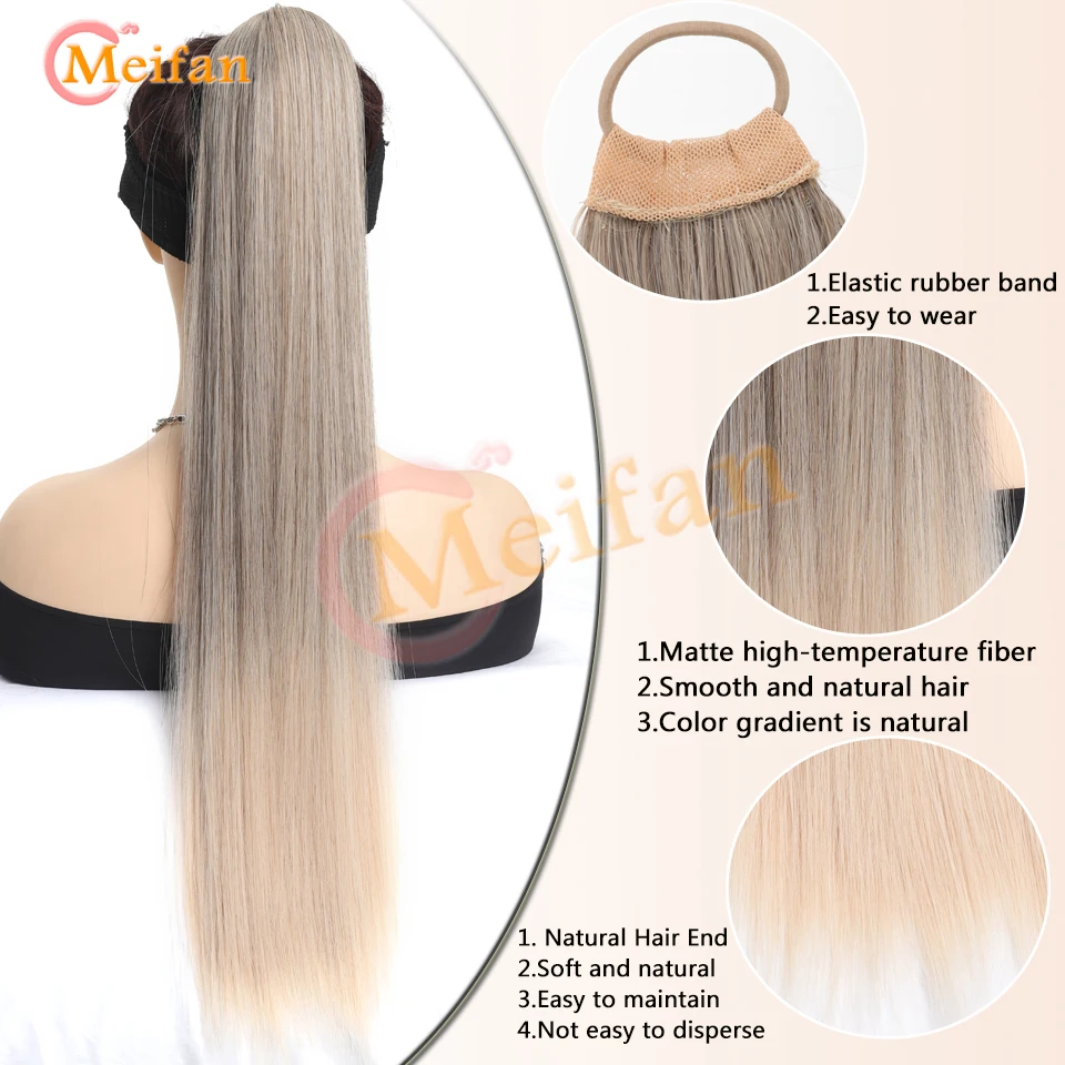 MEIFAN 28inch Long Braided Ponytail Synthetic Straight Ponytail with Hair Tie Wrap Around Hairtail Extension for Women Fake Hair