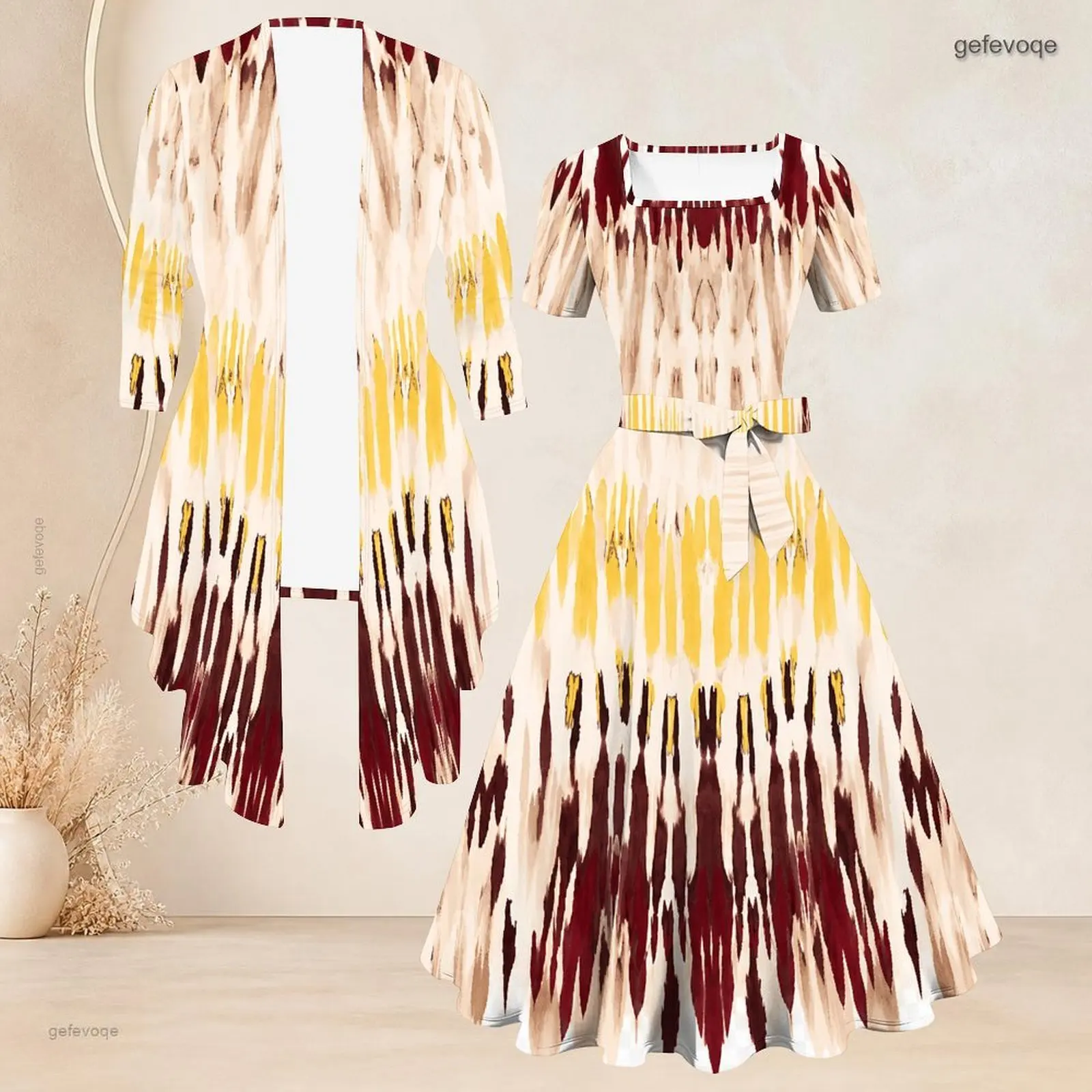 Printed Dress Set for Women Long Sleeve Cardigan Short Sleeve Tie Waist Flared Dress Two Piece
