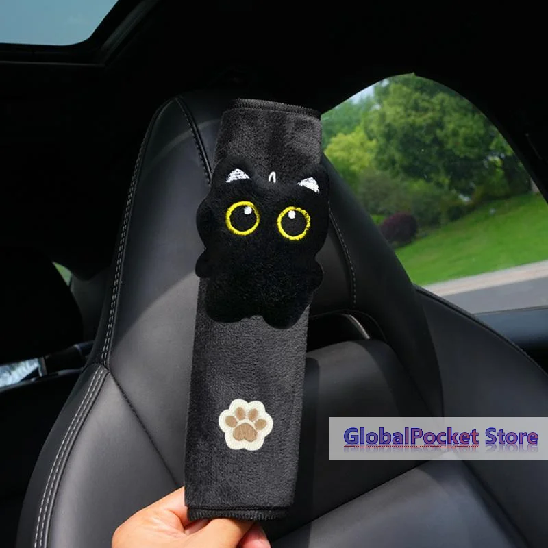 [TG823]Soft Plush Car Accessory That Is Universal Black Cat Seatbelt Shoulder Pad For Long Distance Driving Auto Safety Decor