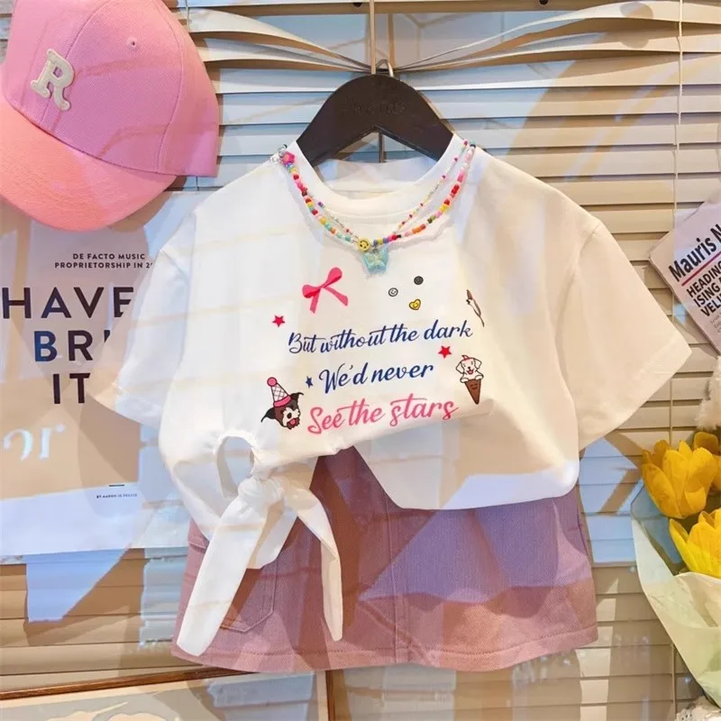 

TOY-2025Girls' Summer Outfit New Cartoon Letter Short Sleeve Set for KidsTTrendy Versatile Two-Piece Set: T-Shirt and Skirt Pant