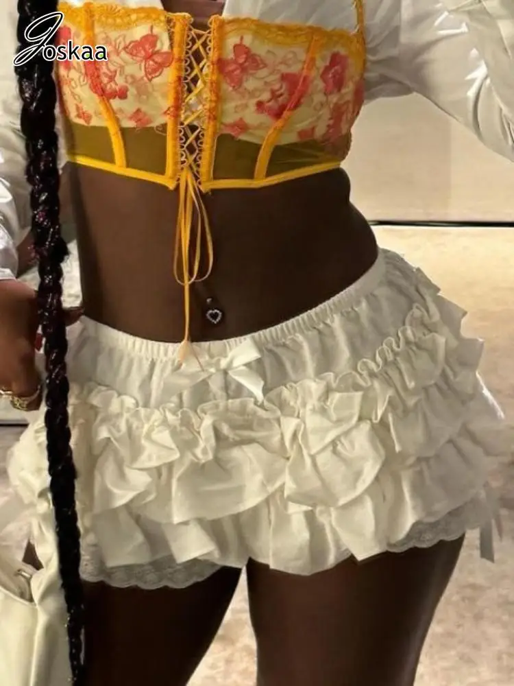 

Joskaa Bow Bloomers Lace Layered Ruched Shorts Women Elastic Waist Ruffled Short Pants Leg Shorts Summer 2024 Streetwear
