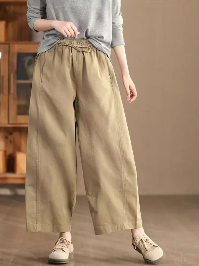 

Повседневные хлопковые брюки-харланы с поясом и эластичной талией для женщин, осенняя новинка, свободный крой, удобные, дышащие, женские брюки