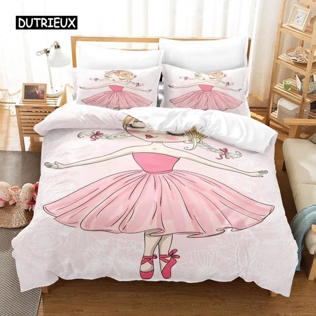 

Cartoon Ballet Girl Pink Bedding Set Dancing Girl Princess Duvet Cover Twin Size for Kids Girls Birthday Gifts Bedroom Decor