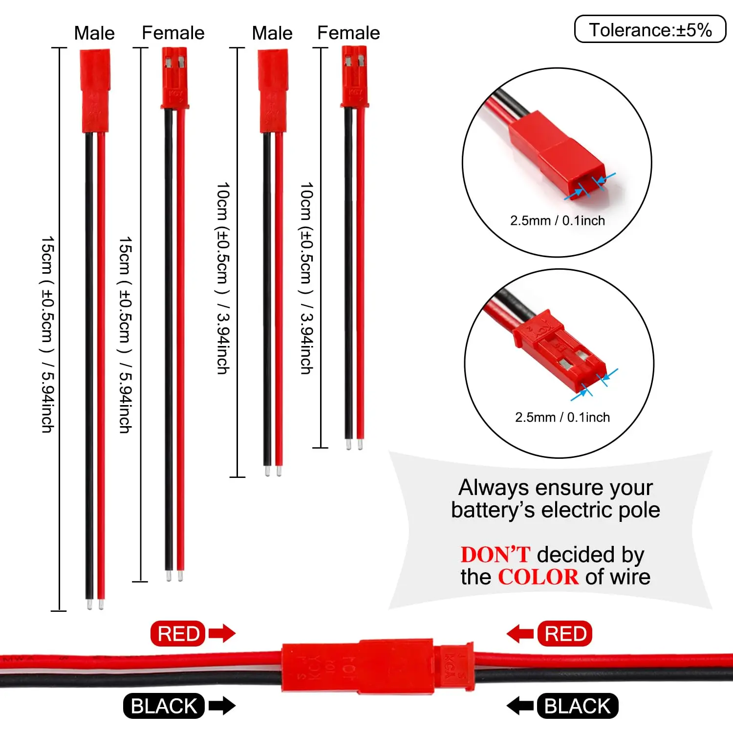 10 pairs 20 AWG JST plug connector 2-pin male plug connector cable suitable for LED light strip remote control toy battery