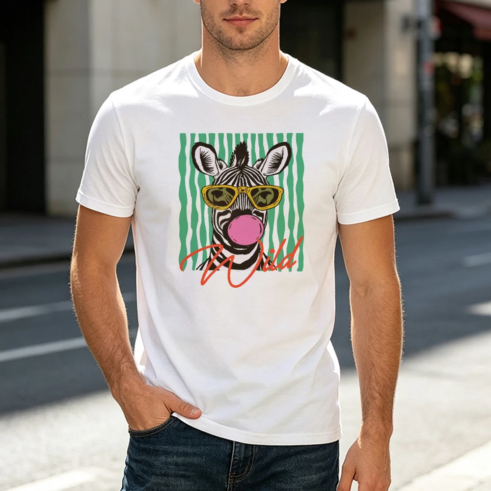 Cool Zebra With Sunglasses Graphic MenT-shirt Funny Animal Bubble Gum Print Tee Casual Short Sleeve Vacation Shirt