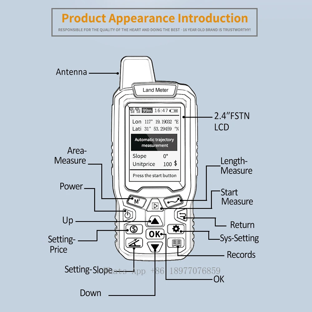 EM90 High Precision Handheld GPS Navigation Track Land Area Meter With FSTN 2.4 Inch Display Land Survey Measuring Instrument