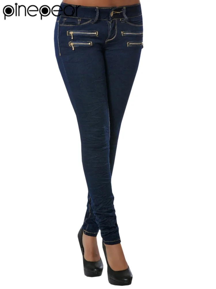 PinePear 2025 Jeans plissados de cintura baixa para mulheres skinny azul/preto bolsos jeans mulher elástica slim jean feminino femme calças