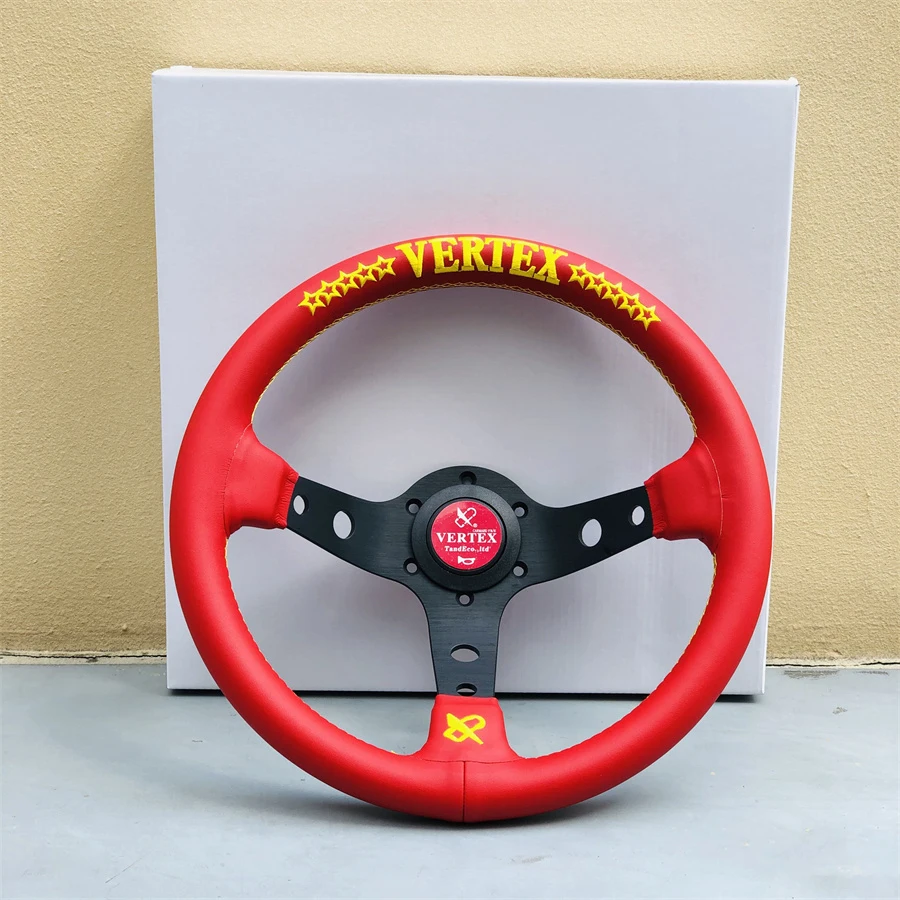 13INCH Vertex Red Leather Yellow Star JDM Sport Steering Wheel Universal Deep Corn Game Steering Wheel with Embroidery