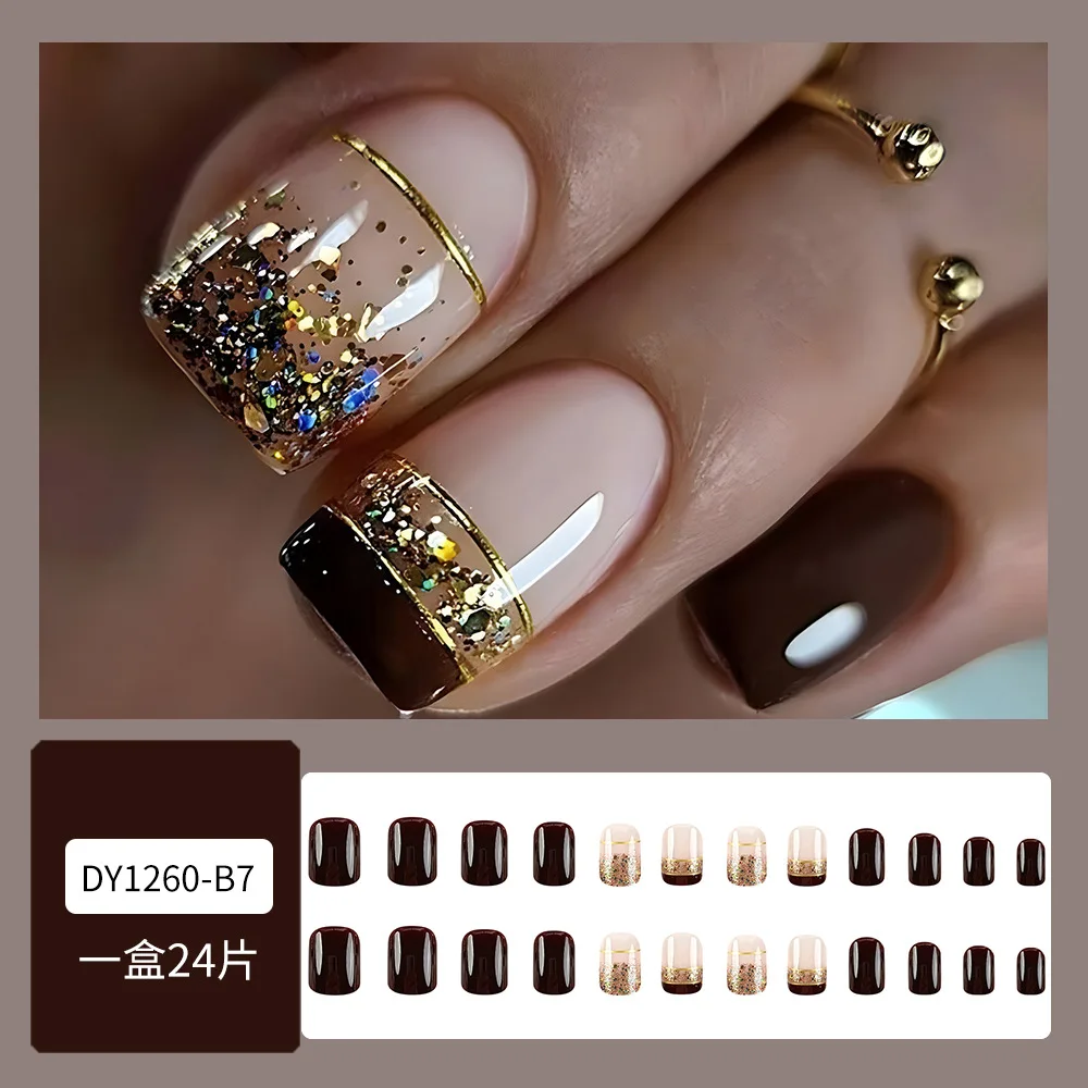 24pcs/box Short Square False Nails Gold Foil Brown French Fake Nails Full Cover Nail Tips Press on Nails DIY Nail Art