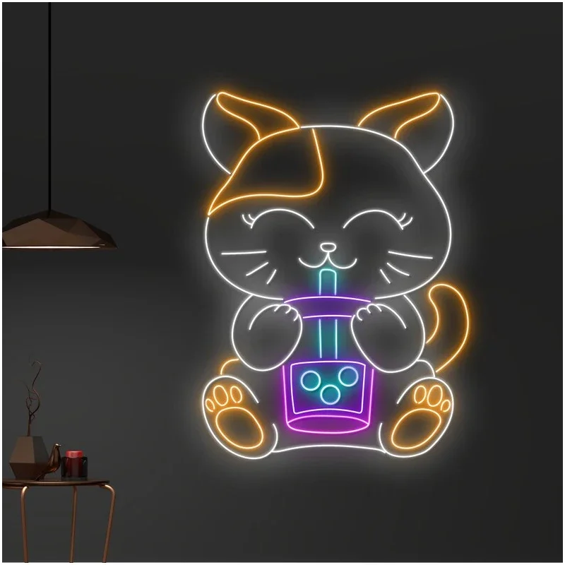 Milk Tea Cat Neon Sign Shop Neon Light Decoration Led Light Custom for Store Business Front Desk Decor Bar Wall Hangings Lights