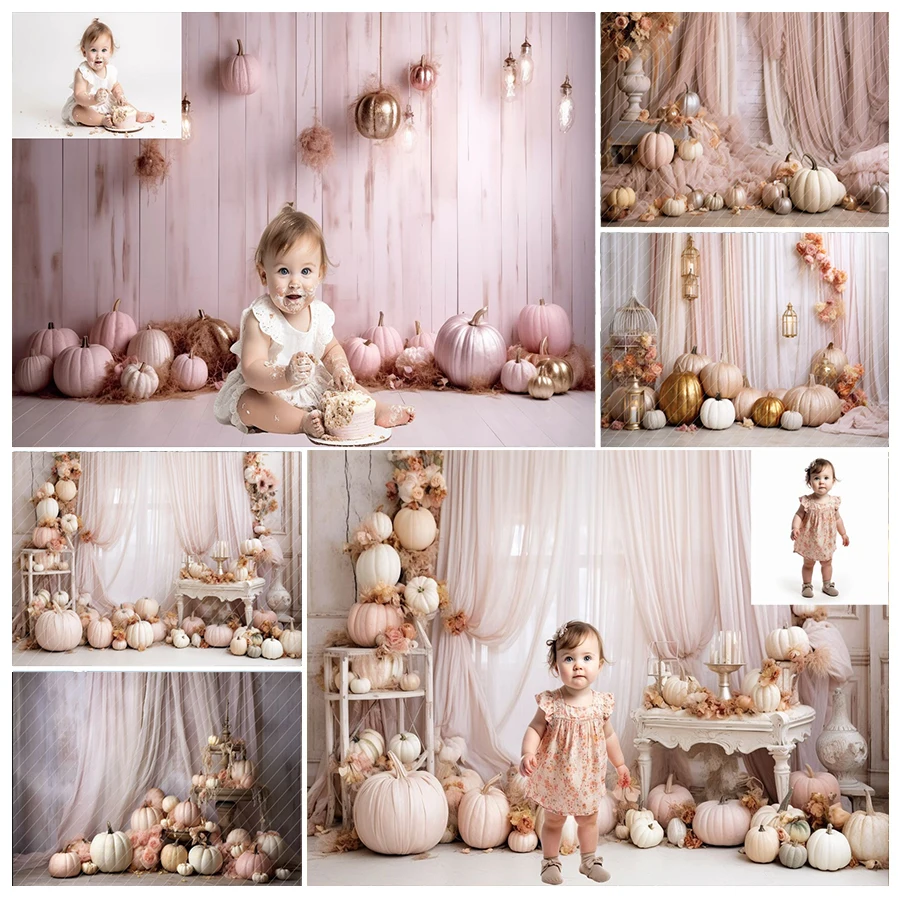 

Pink Pumpkin Cake Smash Photography Backdrops Curtain Girl 1st Birthday Photocall Background Photo Studio Props