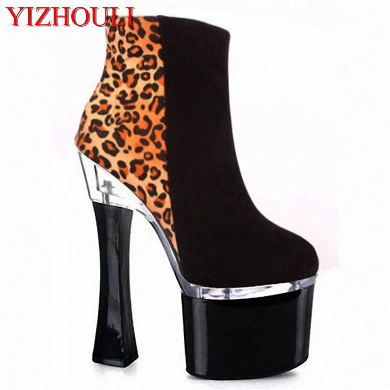 Wholesale18-20cm fashion platform leopard boots 8 inch winter autumn high heels sexy women classic party short dance shoes