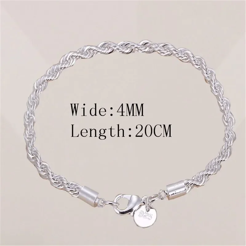 Bracelet à breloques en argent regardé 925 pour hommes et femmes, ULtorsadée minimaliste, bijoux de couple unisexes, cadeaux de mode, 4mm