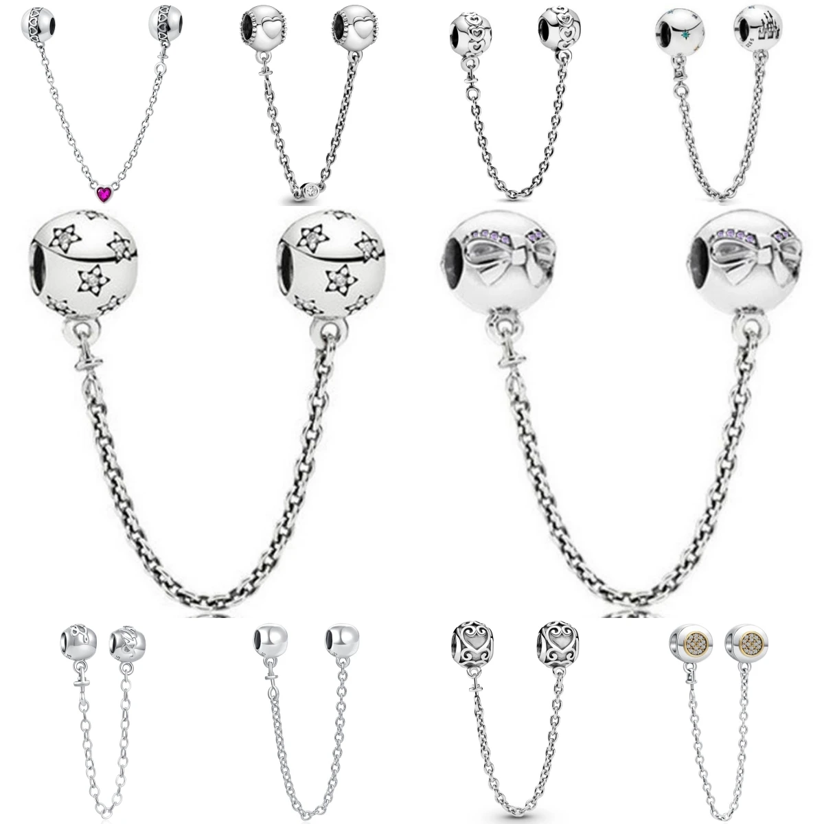 

Silver 925 Sparkling Clear Sparkle Bow Stars Safety Chain Charm Bead Fit Original Pendant DIY Jewelry For Women