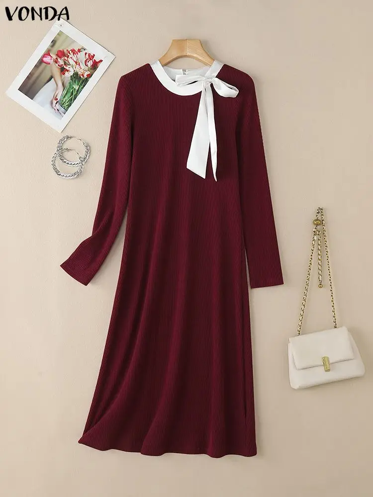 VONDA Women Elegant Party Dresses O-Neck Bow Knitted Sweater Vestidos 2025 Autumn Patchwork Long Sleeve Knitwear Long Shirt Robe