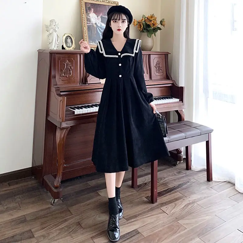 Woman Elegant Party Dresses Korean Vintage Corduroy Black Dress Long Sleeve Robe Clothes Japanese Peter Pan Collar Vestidos 2022