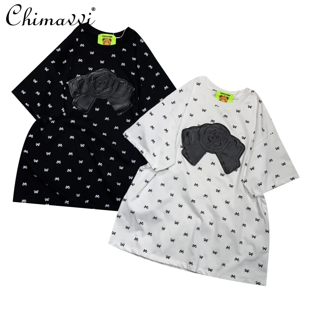 

2024 Summer New Sweet Cute Fashion Simple Bow Print T-shirt Girl Round Neck Loose Pullover All-Match Short Sleeve Tee Tops