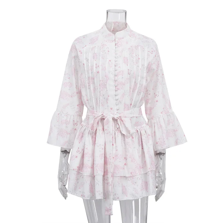 짧은 프린트 드레스 여성용 2026 신상 작은 스탠드 칼라, 나팔 소매, 싱글 브레스티드 레이스업 A라인 스커트