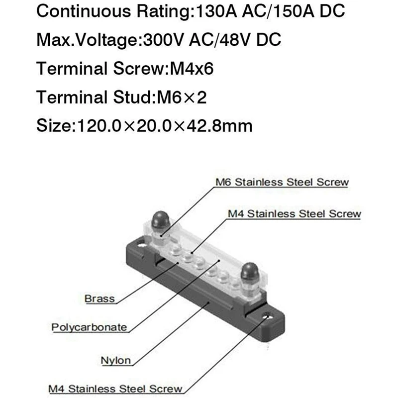 6P Copper Busbar 150A High Current Straight Single Row With Transparent Upper Cover For Marine Yacht Circuit Insurance