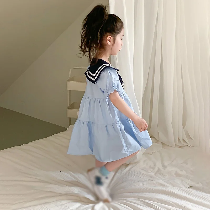 Summer Blue Dress Navy Collar Puffed Sleeve Short Sleeve Preppy Dress Frill Splicing Design Girls Sweet Princess Party Dress