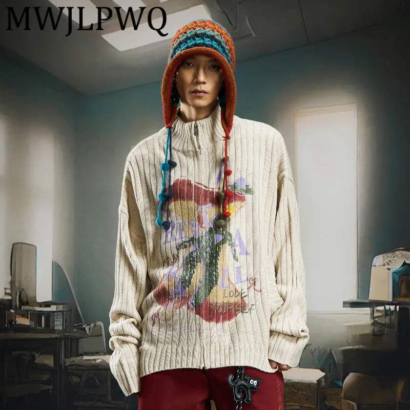 

MWJLPWQ Deserted Island Casual Color-Block Mid-High Collar Zipper Cardigan Knitted Sweater Loose Long Sleeve Tops 12542