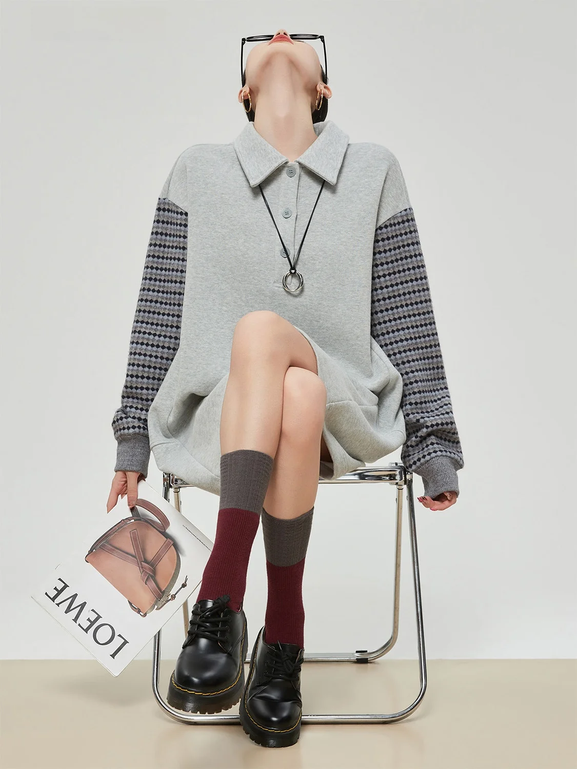 

Вязаное платье с ромбовидным узором, длинными рукавами, свободного кроя, в корейском стиле, для повседневной носки, H-образного силуэта