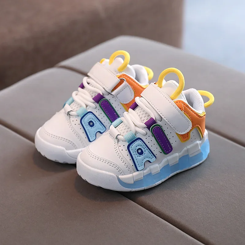 Kids Fashion Sneakers Breathable Soft Sole Sports Sneakers for Running Thick Bottom Shoes Velcro Shoes Children PU Leather Shoes