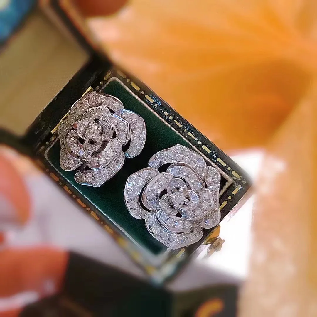 

New in dazzling full diamonds inlay rose flower earings stud high-end 925 silver exquisite earrings for women wedding jewelry