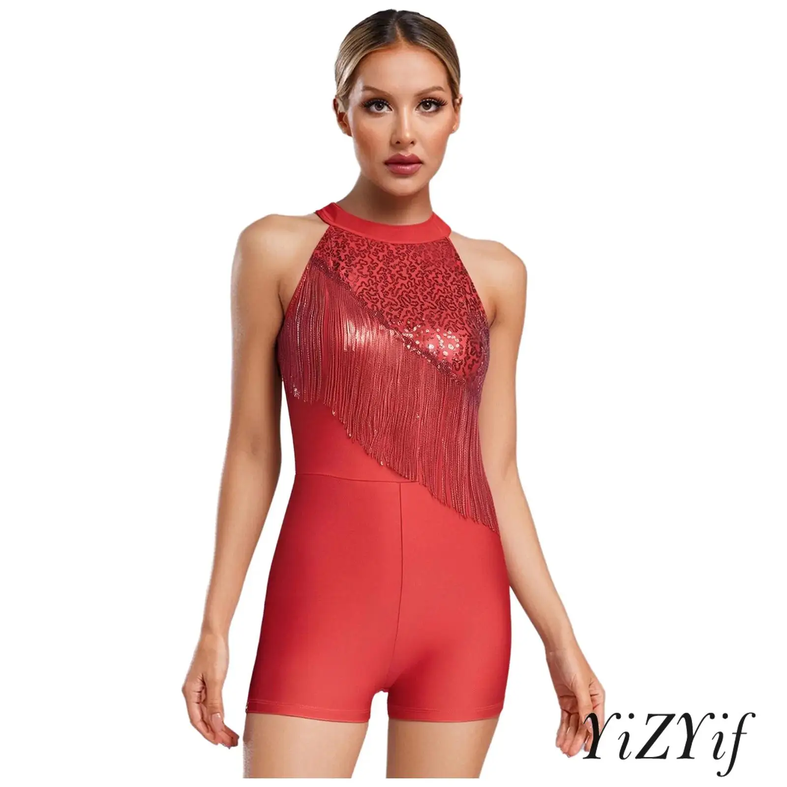 

Sleeveless Glamorous Chest Fringe Bodysuit Dancewear for Womens Sequin Round Neck Latin Cha-Cha Spanish Dance Performance