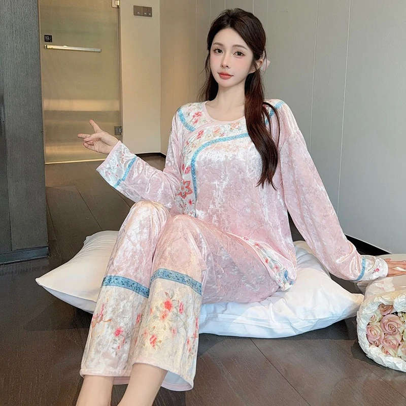 

Осень 2024, золотые бархатные пижамные комплекты с длинными рукавами для женщин, милая одежда для сна в китайском стиле, домашняя одежда, Pijama Mujer, домашняя одежда