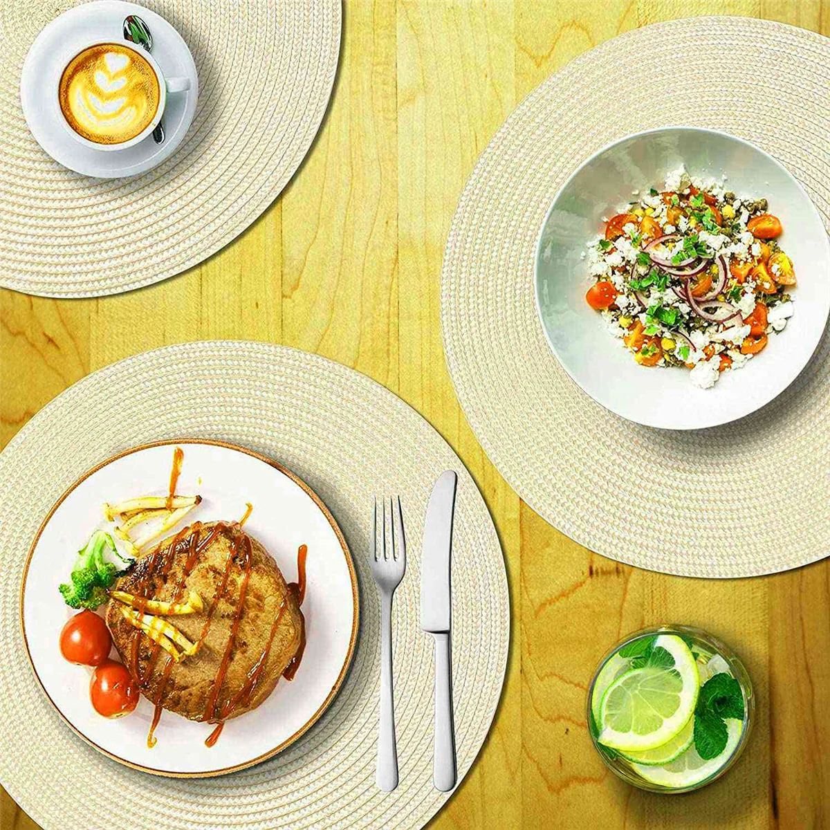 Round Braided Placemats Set of 6 Table Mats for Dining Tables Woven Washable Non-Slip Place Mats 15 Inch(Beige)