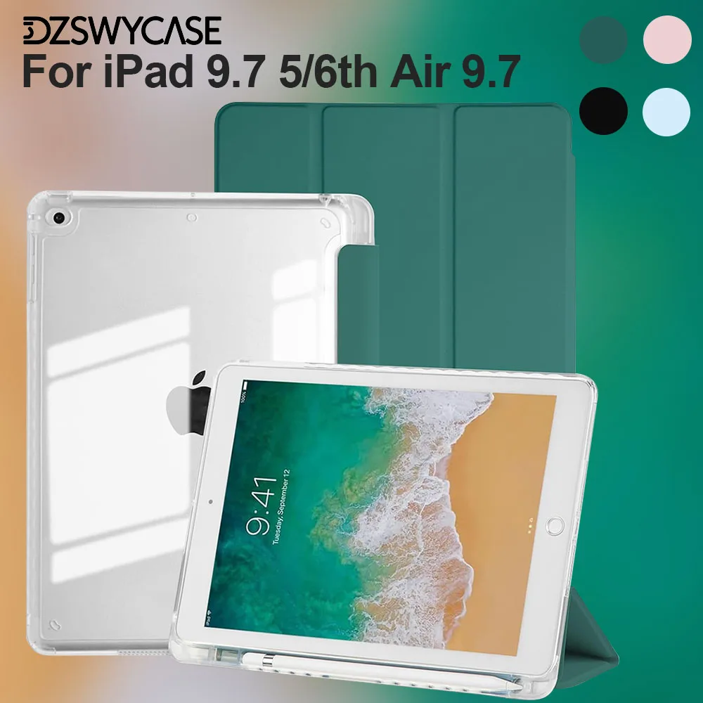Case for iPad 9.7 6th/5th Generation (2018 2017), iPad Air 1/2 9.7 Cover with Pencil Holder, Auto Sleep/Wake Clear Back Shell