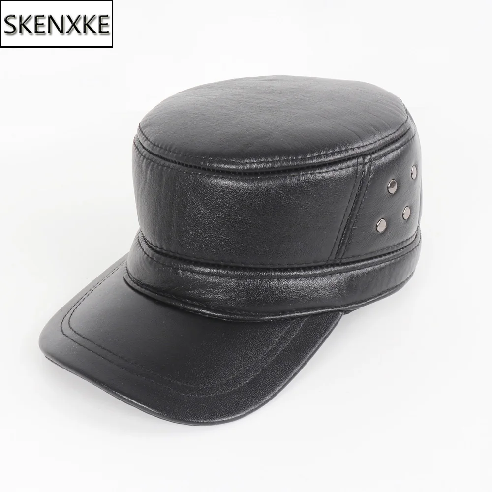 New Men Autumn Winter Real Cowhide Lerther Hat Outdoor Keep Warm Natural Cow Leather Cap Male 100% Genuine Cowhide Lerther Hats