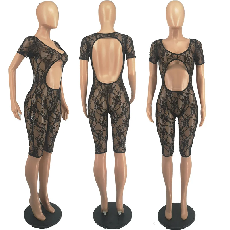 Mono Sexy transparente de encaje Floral Para Mujer, pelele Para Club nocturno, mono ajustado elástico de una pieza, Monos Para Mujer