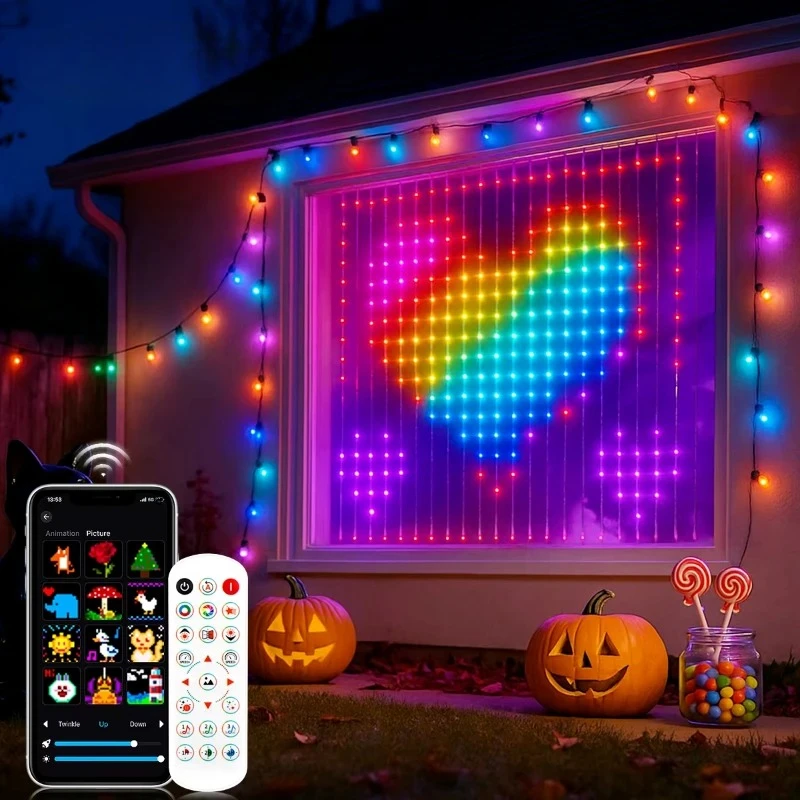 Smart APP RGBIC Fairy LED Curtain Light String DIY Text Pattern Display Music Sync Valentine's Birthday Party Christmas Decor