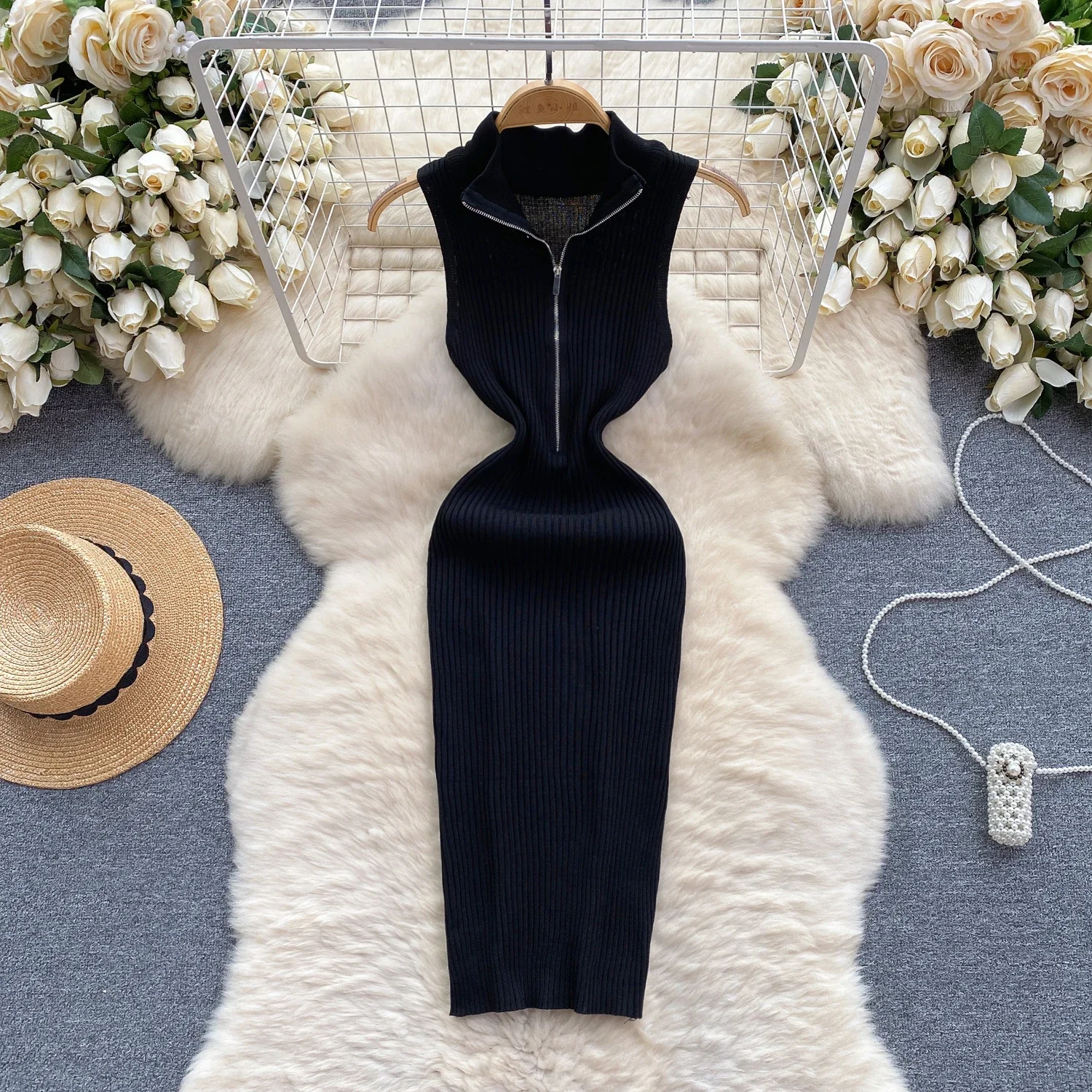 Robe d'été rose Sexy avec fermeture éclair, bretelles en tricot, débardeur, taille élastique, moulante, robe de plage, sans manches, Mini, 2024