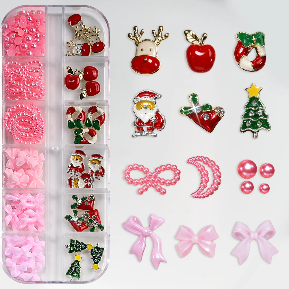 12 grilles 3D arbre de noël Elk père noël bonhomme de neige breloques pour ongles rose nœud papillon perles décoration bijoux à bricoler soi-même ongles strass accès