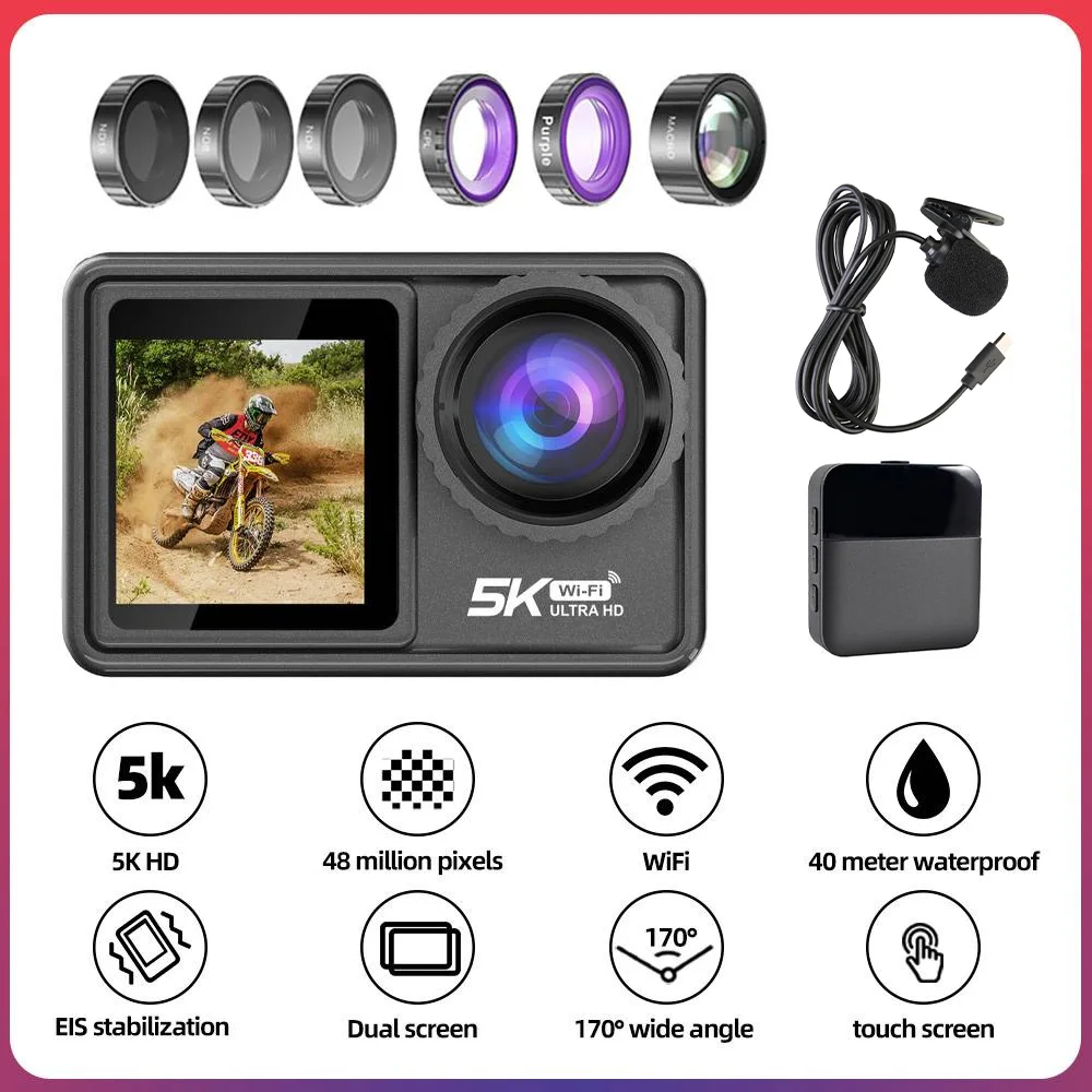 

5K Action Camera 48MP EIS Optional 6 Filter 2" IPS Dual Screen 4K60FPS Webcam Vlog With Wireless Microphone WiFi Sport Cameras