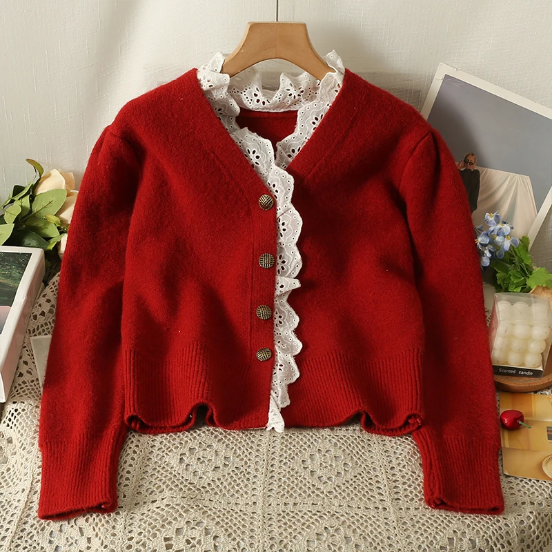 Neploe Korean Chic Gentle Splicing Lace V-Neck Knitted Cardigan 2024 Autumn Winter Sweet Temperament Long Sleeve Sweater Coats