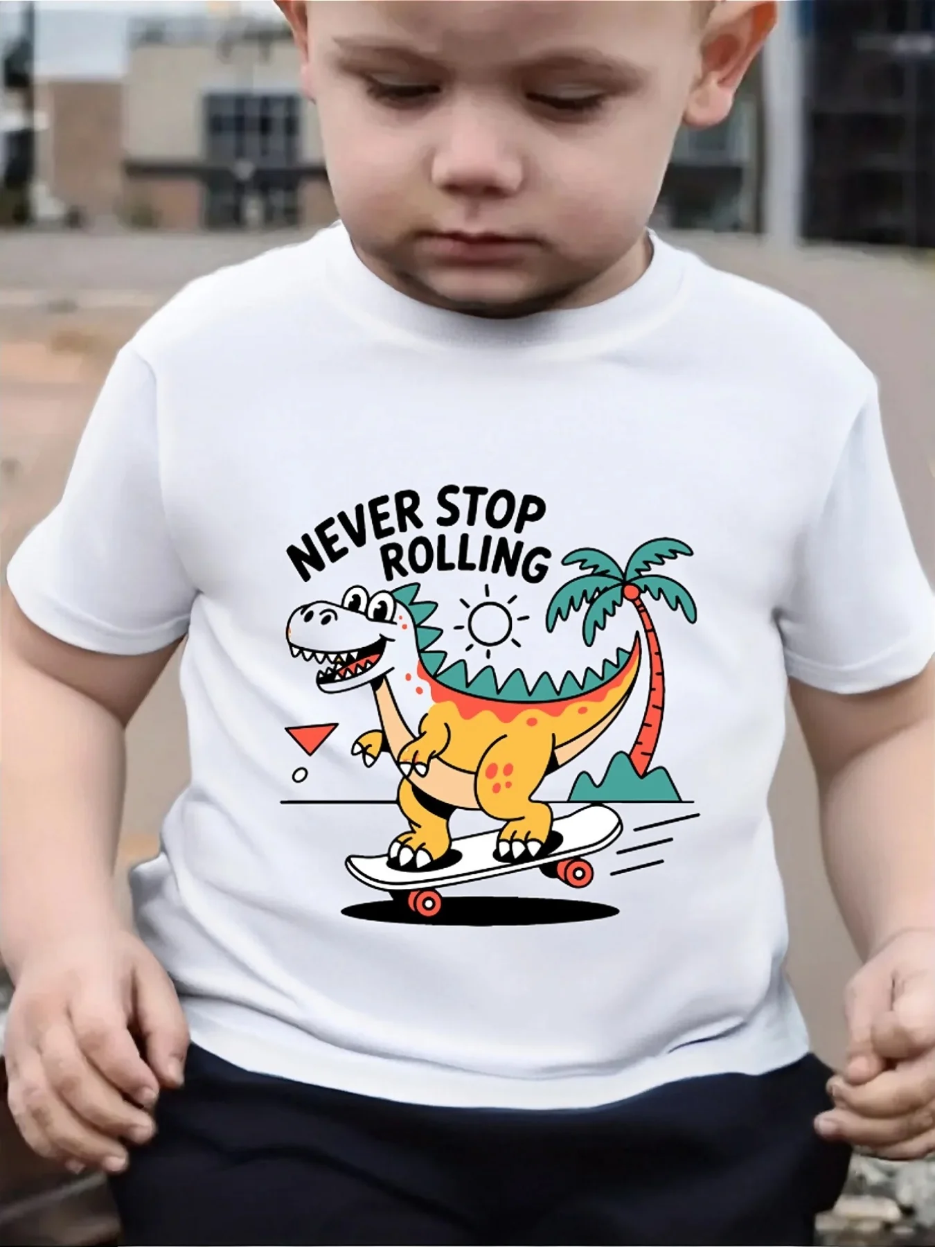 Cute Skateboard Dinosaur Never Stop Rolling Print Family Matching T Shirt Boys Girls Short Sleeve Parent Child Cotton Tops
