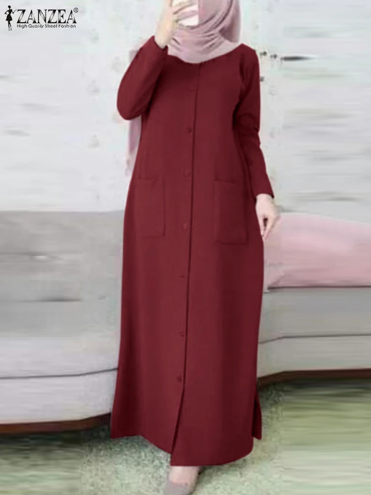 ZANZEA Fashion Women Solid Muslim Ramadan Turkey Dress Spring Long Sleeve Casual Abaya Hijab Sundress Robe Femme Islamic Cloth