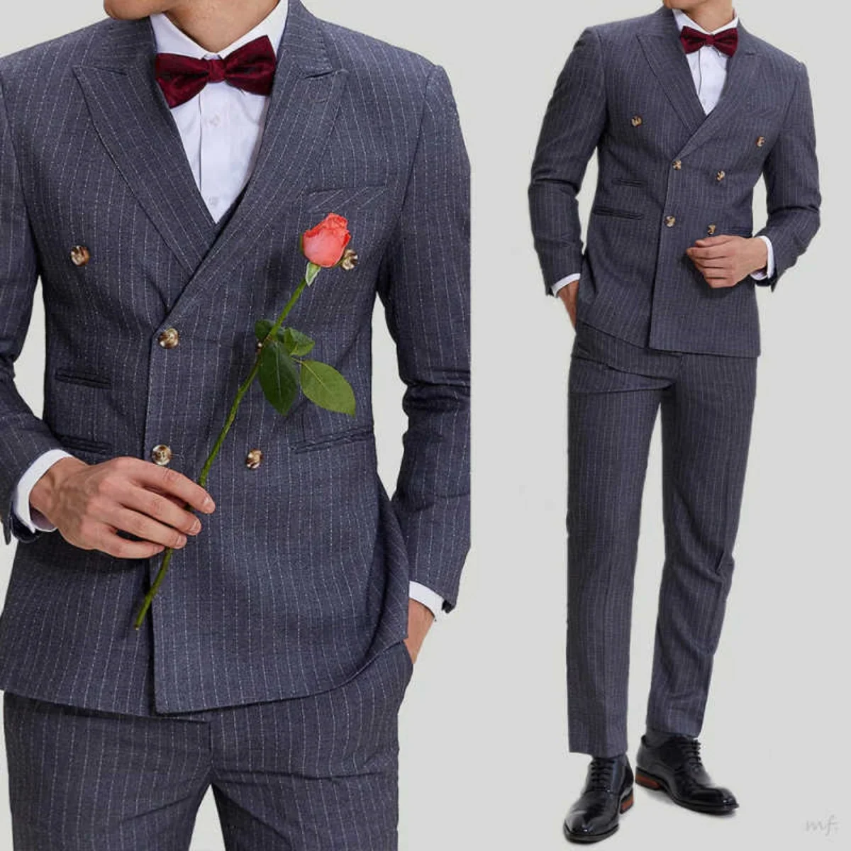 

Classic Stripe Men Suit 2 Pieces Jacket Pants Double Breasted Peak Lapel Male Clothing Formal Occasion Business Customized